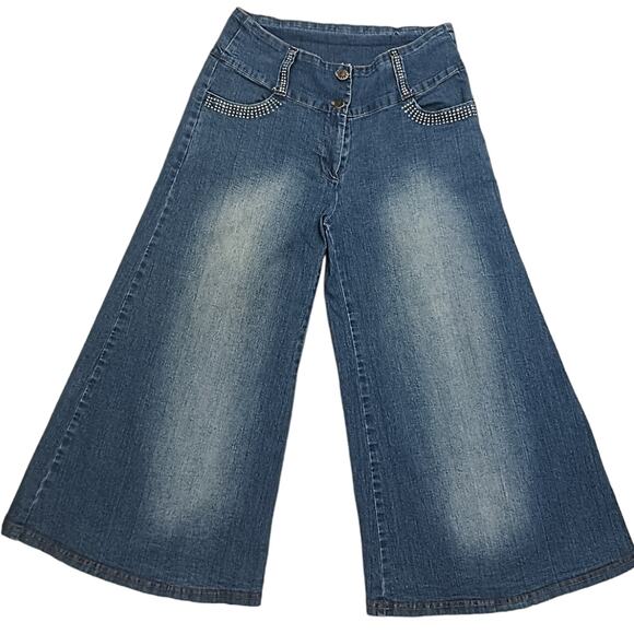 Y2K GAUCHOS Coullotes Jrs Sz XL Denim Stretch Spandex RHINESTONES Sun Fade - Picture 5 of 16